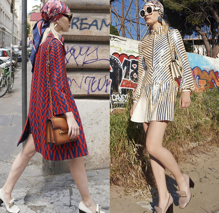 Valentino 2019 Resort Cruise Pre-Spring Womens Lookbook Presentation New York - Jackie O. in Rome Hawaiian Hibiscus Flowers Floral Silk Satin V Logo Embroidery Sequins Fishscales Stripes Butterfly Snakeskin Holes Grommets Mesh Lace Cutwork Sheer Chiffon Tulle Trench Coat Peacoat Fur Poncho Sweatshirt Turtleneck Pantsuit Long Sleeve Blouse Shirt Wrap Sundress Shirtdress Miniskirt Denim Jeans Shorts Athleisure Trackwear Head Scarf Sunglasses Handbag Bucket Mini Bag Quilted Loafer Pumps Boots