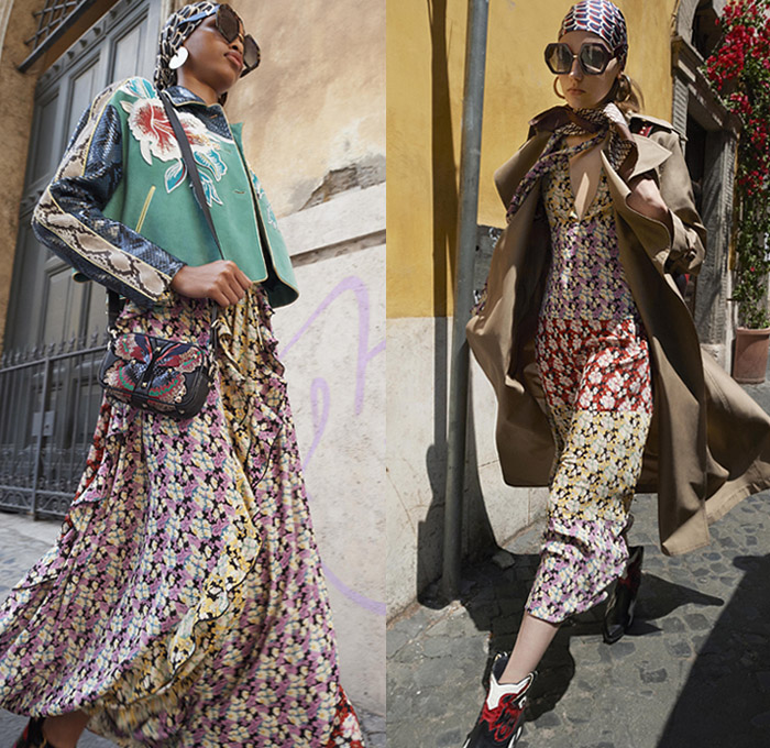 Valentino 2019 Resort Cruise Pre-Spring Womens Lookbook Presentation New York - Jackie O. in Rome Hawaiian Hibiscus Flowers Floral Silk Satin V Logo Embroidery Sequins Fishscales Stripes Butterfly Snakeskin Holes Grommets Mesh Lace Cutwork Sheer Chiffon Tulle Trench Coat Peacoat Fur Poncho Sweatshirt Turtleneck Pantsuit Long Sleeve Blouse Shirt Wrap Sundress Shirtdress Miniskirt Denim Jeans Shorts Athleisure Trackwear Head Scarf Sunglasses Handbag Bucket Mini Bag Quilted Loafer Pumps Boots