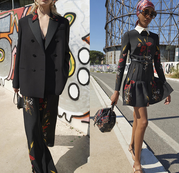 Valentino 2019 Resort Cruise Pre-Spring Womens Lookbook Presentation New York - Jackie O. in Rome Hawaiian Hibiscus Flowers Floral Silk Satin V Logo Embroidery Sequins Fishscales Stripes Butterfly Snakeskin Holes Grommets Mesh Lace Cutwork Sheer Chiffon Tulle Trench Coat Peacoat Fur Poncho Sweatshirt Turtleneck Pantsuit Long Sleeve Blouse Shirt Wrap Sundress Shirtdress Miniskirt Denim Jeans Shorts Athleisure Trackwear Head Scarf Sunglasses Handbag Bucket Mini Bag Quilted Loafer Pumps Boots