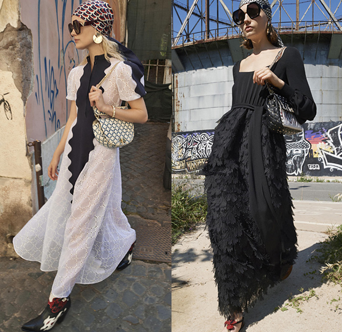 Valentino 2019 Resort Cruise Pre-Spring Womens Lookbook Presentation New York - Jackie O. in Rome Hawaiian Hibiscus Flowers Floral Silk Satin V Logo Embroidery Sequins Fishscales Stripes Butterfly Snakeskin Holes Grommets Mesh Lace Cutwork Sheer Chiffon Tulle Trench Coat Peacoat Fur Poncho Sweatshirt Turtleneck Pantsuit Long Sleeve Blouse Shirt Wrap Sundress Shirtdress Miniskirt Denim Jeans Shorts Athleisure Trackwear Head Scarf Sunglasses Handbag Bucket Mini Bag Quilted Loafer Pumps Boots