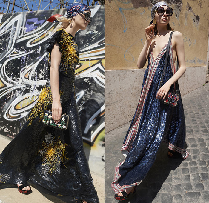 Valentino 2019 Resort Cruise Pre-Spring Womens Lookbook Presentation New York - Jackie O. in Rome Hawaiian Hibiscus Flowers Floral Silk Satin V Logo Embroidery Sequins Fishscales Stripes Butterfly Snakeskin Holes Grommets Mesh Lace Cutwork Sheer Chiffon Tulle Trench Coat Peacoat Fur Poncho Sweatshirt Turtleneck Pantsuit Long Sleeve Blouse Shirt Wrap Sundress Shirtdress Miniskirt Denim Jeans Shorts Athleisure Trackwear Head Scarf Sunglasses Handbag Bucket Mini Bag Quilted Loafer Pumps Boots