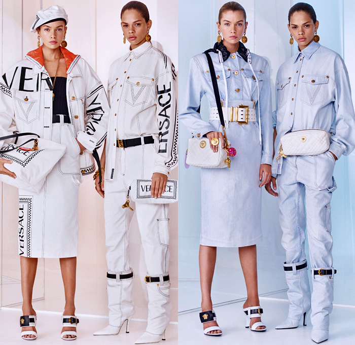 Versace 2019 Resort Cruise Pre-Spring Womens Lookbook Presentation - Medusa Greek Key Cherubs Hibiscus Flowers Alphabet Baroque Draped Logo Houndstooth Quilted Hybrid Fringes Knot Lace Paisley Trench Coat Bomber Biker Jacket Anorak Shirtdress Knit Sweater Cardigan Strapless Pencil Skirt Miniskirt Leggings Trackpants Leggings Tights Gown Noodle Strap Denim Jeans Shorts French Beret Waistband Boots Wide Belt Earrings Handbag Fanny Pack Belt Bum Bag Tote Purse Mesh Drawstring Pumps Trainers