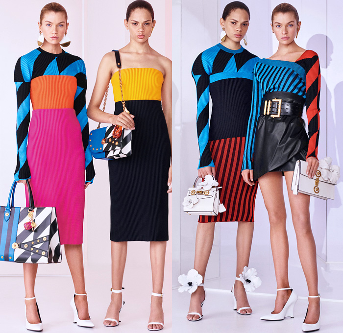 Versace 2019 Resort Cruise Pre-Spring Womens Lookbook Presentation - Medusa Greek Key Cherubs Hibiscus Flowers Alphabet Baroque Draped Logo Houndstooth Quilted Hybrid Fringes Knot Lace Paisley Trench Coat Bomber Biker Jacket Anorak Shirtdress Knit Sweater Cardigan Strapless Pencil Skirt Miniskirt Leggings Trackpants Leggings Tights Gown Noodle Strap Denim Jeans Shorts French Beret Waistband Boots Wide Belt Earrings Handbag Fanny Pack Belt Bum Bag Tote Purse Mesh Drawstring Pumps Trainers