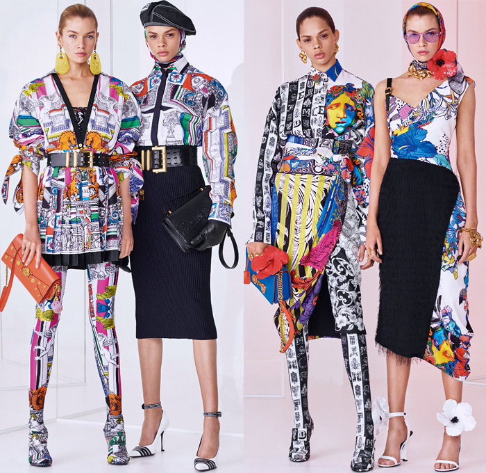 Versace 2019 Resort Cruise Pre-Spring Womens Lookbook Presentation - Medusa Greek Key Cherubs Hibiscus Flowers Alphabet Baroque Draped Logo Houndstooth Quilted Hybrid Fringes Knot Lace Paisley Trench Coat Bomber Biker Jacket Anorak Shirtdress Knit Sweater Cardigan Strapless Pencil Skirt Miniskirt Leggings Trackpants Leggings Tights Gown Noodle Strap Denim Jeans Shorts French Beret Waistband Boots Wide Belt Earrings Handbag Fanny Pack Belt Bum Bag Tote Purse Mesh Drawstring Pumps Trainers