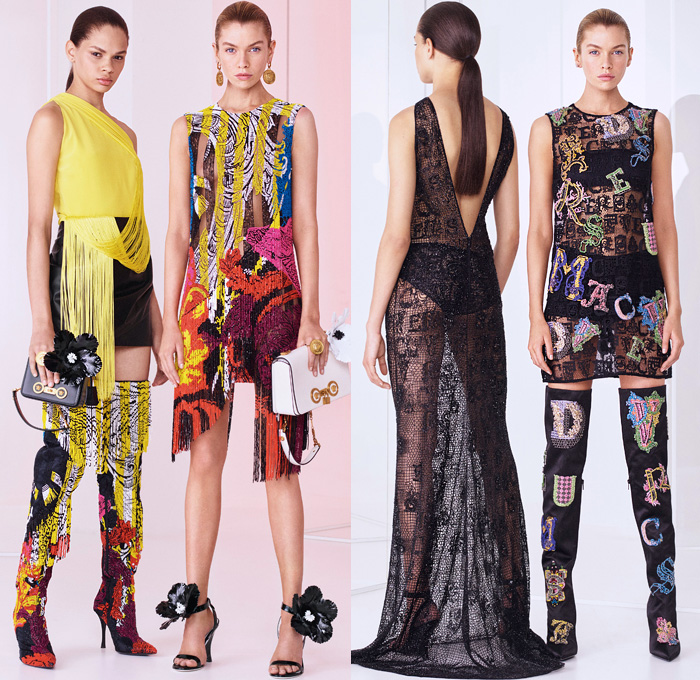 Versace 2019 Resort Cruise Pre-Spring Womens Lookbook Presentation - Medusa Greek Key Cherubs Hibiscus Flowers Alphabet Baroque Draped Logo Houndstooth Quilted Hybrid Fringes Knot Lace Paisley Trench Coat Bomber Biker Jacket Anorak Shirtdress Knit Sweater Cardigan Strapless Pencil Skirt Miniskirt Leggings Trackpants Leggings Tights Gown Noodle Strap Denim Jeans Shorts French Beret Waistband Boots Wide Belt Earrings Handbag Fanny Pack Belt Bum Bag Tote Purse Mesh Drawstring Pumps Trainers