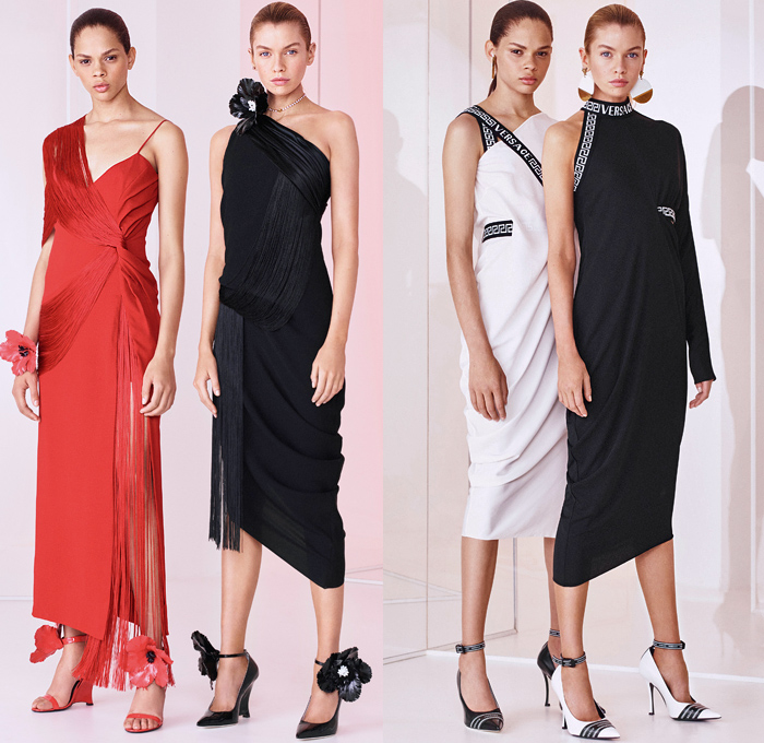 Versace 2019 Resort Cruise Pre-Spring Womens Lookbook Presentation - Medusa Greek Key Cherubs Hibiscus Flowers Alphabet Baroque Draped Logo Houndstooth Quilted Hybrid Fringes Knot Lace Paisley Trench Coat Bomber Biker Jacket Anorak Shirtdress Knit Sweater Cardigan Strapless Pencil Skirt Miniskirt Leggings Trackpants Leggings Tights Gown Noodle Strap Denim Jeans Shorts French Beret Waistband Boots Wide Belt Earrings Handbag Fanny Pack Belt Bum Bag Tote Purse Mesh Drawstring Pumps Trainers