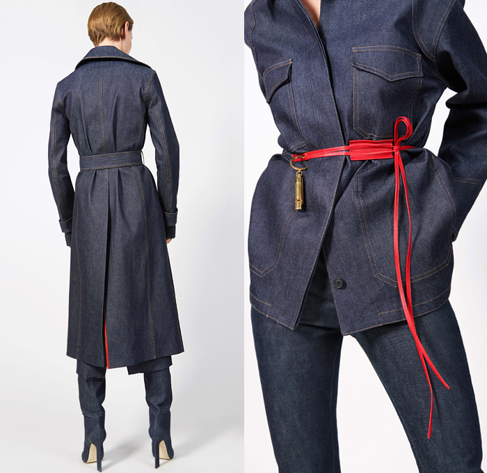 Victoria Beckham 2019 Resort Cruise Pre-Spring Womens Lookbook Presentation - Military Army Print Camouflage Japanese Raw Dry Selvedge Denim Jeans Cargo Pockets Trench Coat Cowhide Leopard Satin Silk Stripes Blazerdress Turtleneck Knit Sweater Long Sleeve Blouse Pantsuit Backless Dress Skirt Wide Leg Trousers Palazzo Pants Handbag Tote Bag Clutch Purse Boots Tie Up Whistle