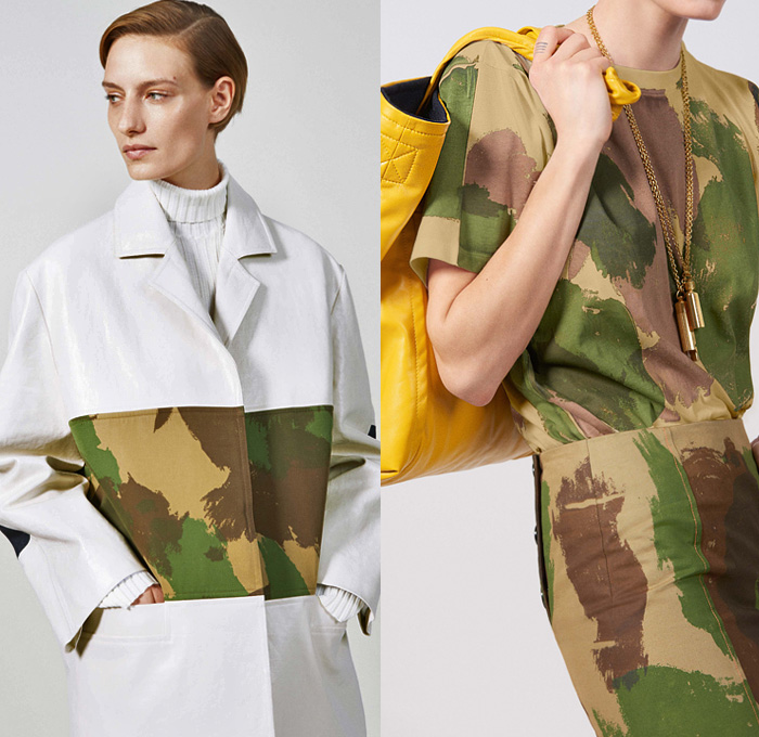 Victoria Beckham 2019 Resort Cruise Pre-Spring Womens Lookbook Presentation - Military Army Print Camouflage Japanese Raw Dry Selvedge Denim Jeans Cargo Pockets Trench Coat Cowhide Leopard Satin Silk Stripes Blazerdress Turtleneck Knit Sweater Long Sleeve Blouse Pantsuit Backless Dress Skirt Wide Leg Trousers Palazzo Pants Handbag Tote Bag Clutch Purse Boots Tie Up Whistle