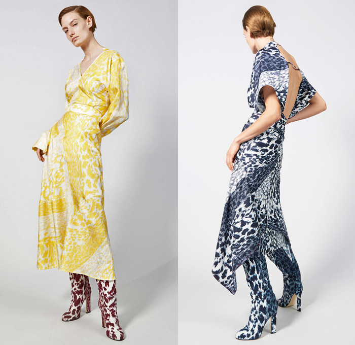 Victoria Beckham 2019 Resort Cruise Pre-Spring Womens Lookbook Presentation - Military Army Print Camouflage Japanese Raw Dry Selvedge Denim Jeans Cargo Pockets Trench Coat Cowhide Leopard Satin Silk Stripes Blazerdress Turtleneck Knit Sweater Long Sleeve Blouse Pantsuit Backless Dress Skirt Wide Leg Trousers Palazzo Pants Handbag Tote Bag Clutch Purse Boots Tie Up Whistle