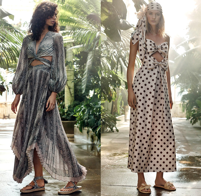 Zimmermann 2019 Resort Cruise Pre-Spring Womens Lookbook Presentation - The Corsage Mesh Lace Cutwork Sheer Chiffon Pompoms Loops Embroidery Flowers Floral Cargo Pockets Snake Zebra Stripes Polka Dots Handkerchief Hem Blazer Blouse Cross Halterneck Strapless Leg O'Mutton Sleeves Tie Up Waist Knot Bow Dress Swimwear Bikini Shorts Accordion Pleats Asymmetrical Skirt Wide Leg Palazzo Pants Onesie Jumpsuit Coveralls Handbag Tote Pouch Straps Pumps Sandals Sneakers Head Scarf Straw Hat