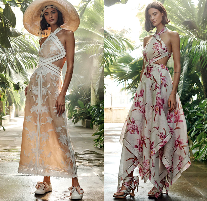 Zimmermann 2019 Resort Cruise Pre-Spring Womens Lookbook Presentation - The Corsage Mesh Lace Cutwork Sheer Chiffon Pompoms Loops Embroidery Flowers Floral Cargo Pockets Snake Zebra Stripes Polka Dots Handkerchief Hem Blazer Blouse Cross Halterneck Strapless Leg O'Mutton Sleeves Tie Up Waist Knot Bow Dress Swimwear Bikini Shorts Accordion Pleats Asymmetrical Skirt Wide Leg Palazzo Pants Onesie Jumpsuit Coveralls Handbag Tote Pouch Straps Pumps Sandals Sneakers Head Scarf Straw Hat