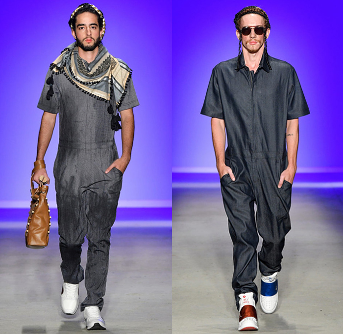 Ronaldo Fraga 2019 Fall Winter Mens Runway Catwalk Looks Collection - São Paulo Fashion Week Brasil SPFW46 South Hemisphere - Religious Tolerance Kaftan Caftan Tunic Shirtdress Coatdress Blazer Denim Jeans Linen Stripes Top Hat Tribal Tie-Dye Tabard Mesh Perforated Hole Onesie Jumpsuit Boiler Suit Coveralls Scarf Manskirt Low Crotch MC Hammer Pants Acid Wash Spots Stars Trainers Sunglasses Tool Box Tote Bucket Fish Bag