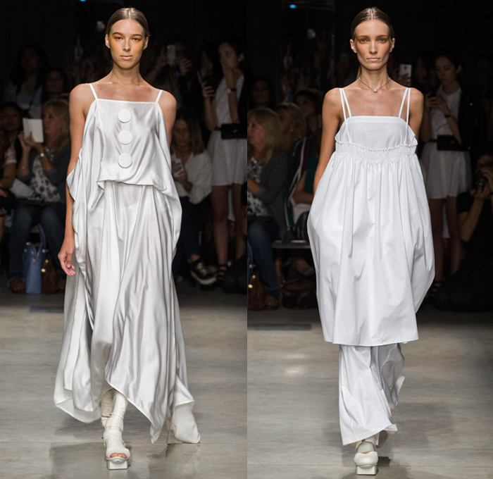 Alberto Zambelli 2019 Spring Summer Womens Runway Catwalk Looks Collection - Milano Moda Donna Collezione Milan Fashion Week Italy - Neoclassical Statues White Purity Tabard Sheer Chiffon Silver Noodle Strap Gown Eveningwear Strapless Sleeveless Oversleeve Maxi Dress Clown Buttons Skirt Front Babydoll Ruffles Tiered Draped Culottes Leggings Tights High Tops Sneakers Boots
