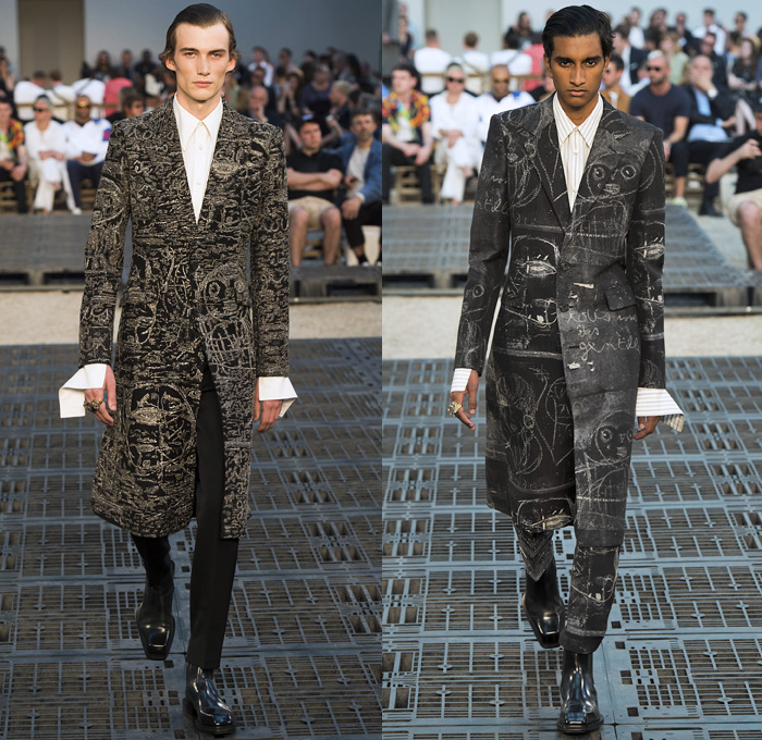 Alexander McQueen 2019 Spring Summer Mens Runway Catwalk Looks Collection Paris Fashion Week Homme France FHCM - Tailoring Francis Bacon John Deakin Graffiti Art Beads 1950s Jacquard Hanging Sleeve Slashed Hybrid Mohair Threads Fringes Painter's Palette Wool Silk Exploded Paint Bedazzled Cargo Pockets Pinstripe Two-Tone Military Officer Trench Coat Suit Knit Sweater Jumper Bomber Motorcycle Biker Leather Jacket Onesie Jumpsuit Coveralls Crop Top Double Lapel Vest Tote Bag Boots Loafers