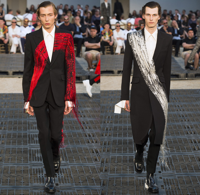 Alexander McQueen 2019 Spring Summer Mens Runway Catwalk Looks Collection Paris Fashion Week Homme France FHCM - Tailoring Francis Bacon John Deakin Graffiti Art Beads 1950s Jacquard Hanging Sleeve Slashed Hybrid Mohair Threads Fringes Painter's Palette Wool Silk Exploded Paint Bedazzled Cargo Pockets Pinstripe Two-Tone Military Officer Trench Coat Suit Knit Sweater Jumper Bomber Motorcycle Biker Leather Jacket Onesie Jumpsuit Coveralls Crop Top Double Lapel Vest Tote Bag Boots Loafers