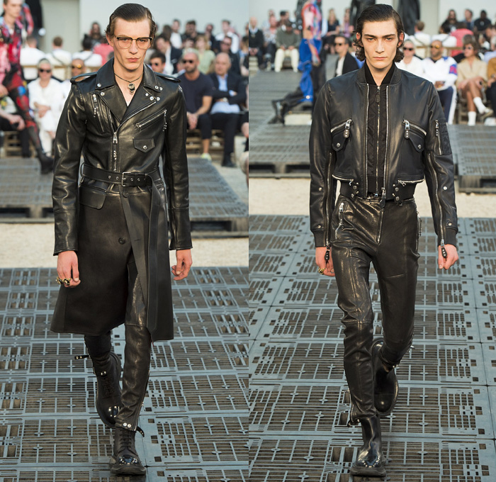 Alexander McQueen 2019 Spring Summer Mens Runway Catwalk Looks Collection Paris Fashion Week Homme France FHCM - Tailoring Francis Bacon John Deakin Graffiti Art Beads 1950s Jacquard Hanging Sleeve Slashed Hybrid Mohair Threads Fringes Painter's Palette Wool Silk Exploded Paint Bedazzled Cargo Pockets Pinstripe Two-Tone Military Officer Trench Coat Suit Knit Sweater Jumper Bomber Motorcycle Biker Leather Jacket Onesie Jumpsuit Coveralls Crop Top Double Lapel Vest Tote Bag Boots Loafers
