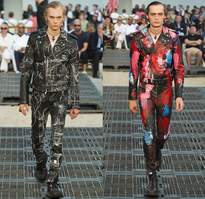 Alexander McQueen 2019 Spring Summer Mens Runway Catwalk Looks Collection Paris Fashion Week Homme France FHCM - Tailoring Francis Bacon John Deakin Graffiti Art Beads 1950s Jacquard Hanging Sleeve Slashed Hybrid Mohair Threads Fringes Painter's Palette Wool Silk Exploded Paint Bedazzled Cargo Pockets Pinstripe Two-Tone Military Officer Trench Coat Suit Knit Sweater Jumper Bomber Motorcycle Biker Leather Jacket Onesie Jumpsuit Coveralls Crop Top Double Lapel Vest Tote Bag Boots Loafers
