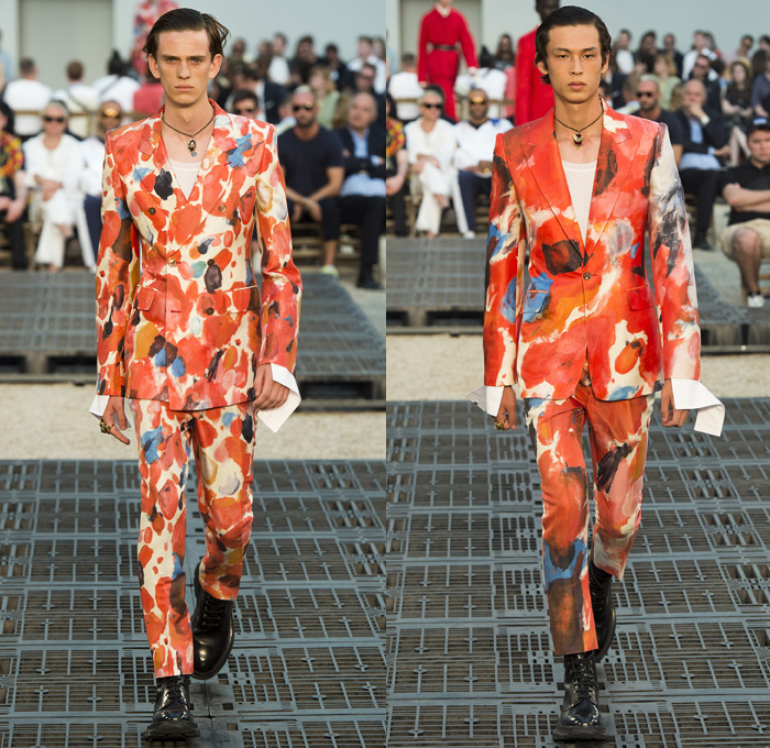 Alexander McQueen 2019 Spring Summer Mens Runway Catwalk Looks Collection Paris Fashion Week Homme France FHCM - Tailoring Francis Bacon John Deakin Graffiti Art Beads 1950s Jacquard Hanging Sleeve Slashed Hybrid Mohair Threads Fringes Painter's Palette Wool Silk Exploded Paint Bedazzled Cargo Pockets Pinstripe Two-Tone Military Officer Trench Coat Suit Knit Sweater Jumper Bomber Motorcycle Biker Leather Jacket Onesie Jumpsuit Coveralls Crop Top Double Lapel Vest Tote Bag Boots Loafers