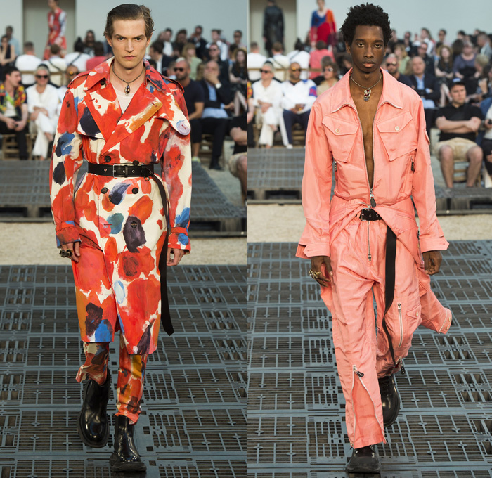 Alexander McQueen 2019 Spring Summer Mens Runway Catwalk Looks Collection Paris Fashion Week Homme France FHCM - Tailoring Francis Bacon John Deakin Graffiti Art Beads 1950s Jacquard Hanging Sleeve Slashed Hybrid Mohair Threads Fringes Painter's Palette Wool Silk Exploded Paint Bedazzled Cargo Pockets Pinstripe Two-Tone Military Officer Trench Coat Suit Knit Sweater Jumper Bomber Motorcycle Biker Leather Jacket Onesie Jumpsuit Coveralls Crop Top Double Lapel Vest Tote Bag Boots Loafers