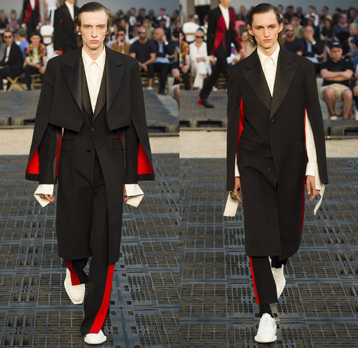 Alexander McQueen 2019 Spring Summer Mens Runway Catwalk Looks Collection Paris Fashion Week Homme France FHCM - Tailoring Francis Bacon John Deakin Graffiti Art Beads 1950s Jacquard Hanging Sleeve Slashed Hybrid Mohair Threads Fringes Painter's Palette Wool Silk Exploded Paint Bedazzled Cargo Pockets Pinstripe Two-Tone Military Officer Trench Coat Suit Knit Sweater Jumper Bomber Motorcycle Biker Leather Jacket Onesie Jumpsuit Coveralls Crop Top Double Lapel Vest Tote Bag Boots Loafers