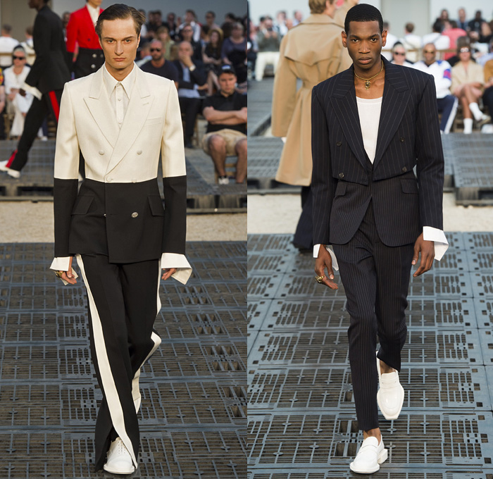 Alexander McQueen 2019 Spring Summer Mens Runway Catwalk Looks Collection Paris Fashion Week Homme France FHCM - Tailoring Francis Bacon John Deakin Graffiti Art Beads 1950s Jacquard Hanging Sleeve Slashed Hybrid Mohair Threads Fringes Painter's Palette Wool Silk Exploded Paint Bedazzled Cargo Pockets Pinstripe Two-Tone Military Officer Trench Coat Suit Knit Sweater Jumper Bomber Motorcycle Biker Leather Jacket Onesie Jumpsuit Coveralls Crop Top Double Lapel Vest Tote Bag Boots Loafers