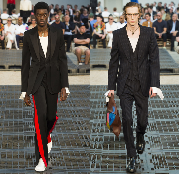 Alexander McQueen 2019 Spring Summer Mens Runway Catwalk Looks Collection Paris Fashion Week Homme France FHCM - Tailoring Francis Bacon John Deakin Graffiti Art Beads 1950s Jacquard Hanging Sleeve Slashed Hybrid Mohair Threads Fringes Painter's Palette Wool Silk Exploded Paint Bedazzled Cargo Pockets Pinstripe Two-Tone Military Officer Trench Coat Suit Knit Sweater Jumper Bomber Motorcycle Biker Leather Jacket Onesie Jumpsuit Coveralls Crop Top Double Lapel Vest Tote Bag Boots Loafers