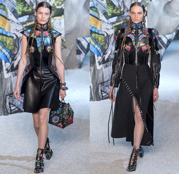 Alexander McQueen 2019 Spring Summer Womens Runway Catwalk Looks Collection Sarah Burton - Mode à Paris Fashion Week France - Armor Sleeves Flowers Floral Laces Hook Eye Caged Corset Strapless Dress Crinoline Lace Guipure Bedazzled Embroidery Silk Tulle Sheer Sequins Trims Slashed Ruffles Relic Charm Harness Tabard Vest Pantsuit Leather Motorcyle Biker Pants Handbag Purse Clutch Studs Boots