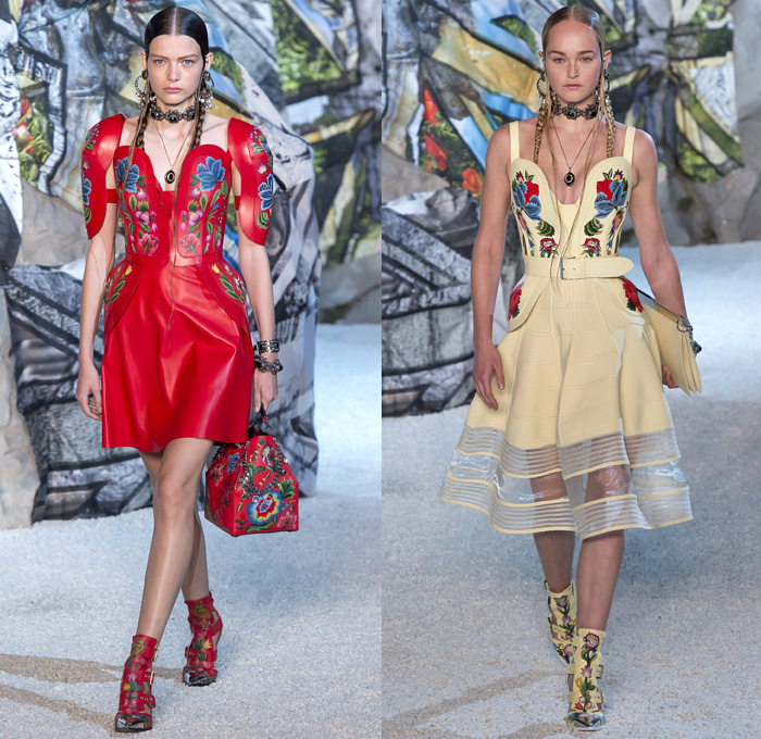 Alexander McQueen 2019 Spring Summer Womens Runway Catwalk Looks Collection Sarah Burton - Mode à Paris Fashion Week France - Armor Sleeves Flowers Floral Laces Hook Eye Caged Corset Strapless Dress Crinoline Lace Guipure Bedazzled Embroidery Silk Tulle Sheer Sequins Trims Slashed Ruffles Relic Charm Harness Tabard Vest Pantsuit Leather Motorcyle Biker Pants Handbag Purse Clutch Studs Boots