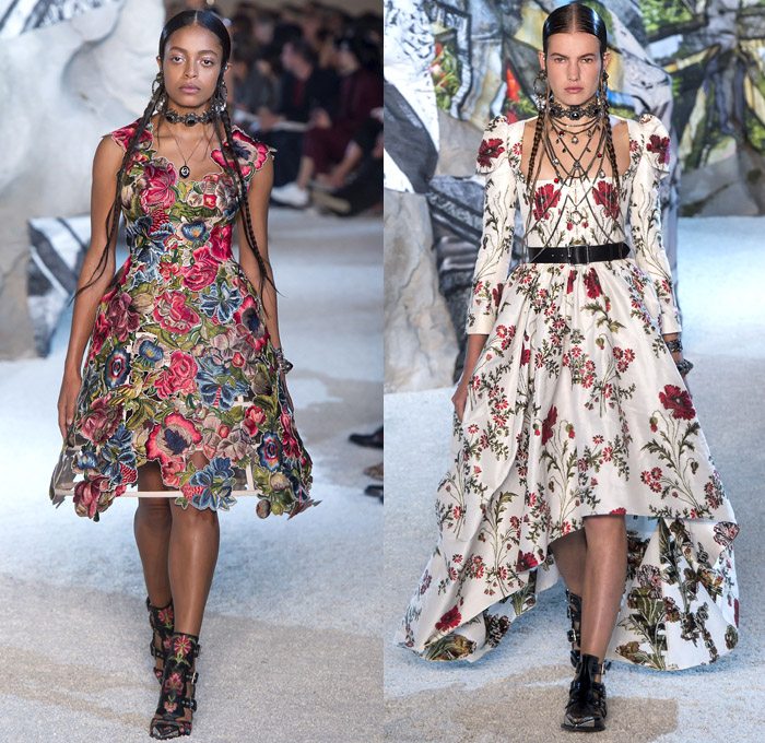 Alexander McQueen 2019 Spring Summer Womens Runway Catwalk Looks Collection Sarah Burton - Mode à Paris Fashion Week France - Armor Sleeves Flowers Floral Laces Hook Eye Caged Corset Strapless Dress Crinoline Lace Guipure Bedazzled Embroidery Silk Tulle Sheer Sequins Trims Slashed Ruffles Relic Charm Harness Tabard Vest Pantsuit Leather Motorcyle Biker Pants Handbag Purse Clutch Studs Boots