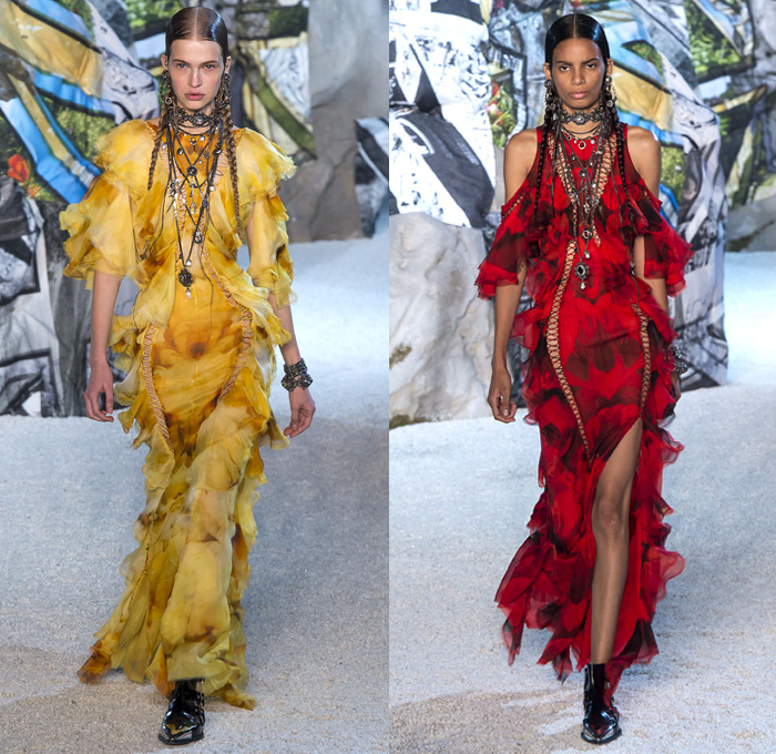 Alexander McQueen 2019 Spring Summer Womens Runway Catwalk Looks Collection Sarah Burton - Mode à Paris Fashion Week France - Armor Sleeves Flowers Floral Laces Hook Eye Caged Corset Strapless Dress Crinoline Lace Guipure Bedazzled Embroidery Silk Tulle Sheer Sequins Trims Slashed Ruffles Relic Charm Harness Tabard Vest Pantsuit Leather Motorcyle Biker Pants Handbag Purse Clutch Studs Boots