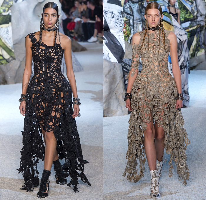 Alexander McQueen 2019 Spring Summer Womens Runway Catwalk Looks Collection Sarah Burton - Mode à Paris Fashion Week France - Armor Sleeves Flowers Floral Laces Hook Eye Caged Corset Strapless Dress Crinoline Lace Guipure Bedazzled Embroidery Silk Tulle Sheer Sequins Trims Slashed Ruffles Relic Charm Harness Tabard Vest Pantsuit Leather Motorcyle Biker Pants Handbag Purse Clutch Studs Boots