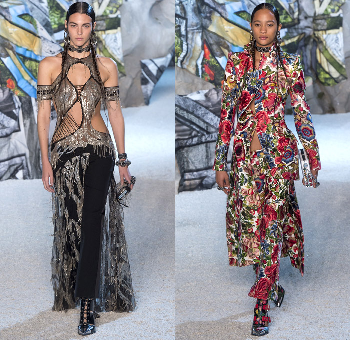 Alexander McQueen 2019 Spring Summer Womens Runway Catwalk Looks Collection Sarah Burton - Mode à Paris Fashion Week France - Armor Sleeves Flowers Floral Laces Hook Eye Caged Corset Strapless Dress Crinoline Lace Guipure Bedazzled Embroidery Silk Tulle Sheer Sequins Trims Slashed Ruffles Relic Charm Harness Tabard Vest Pantsuit Leather Motorcyle Biker Pants Handbag Purse Clutch Studs Boots