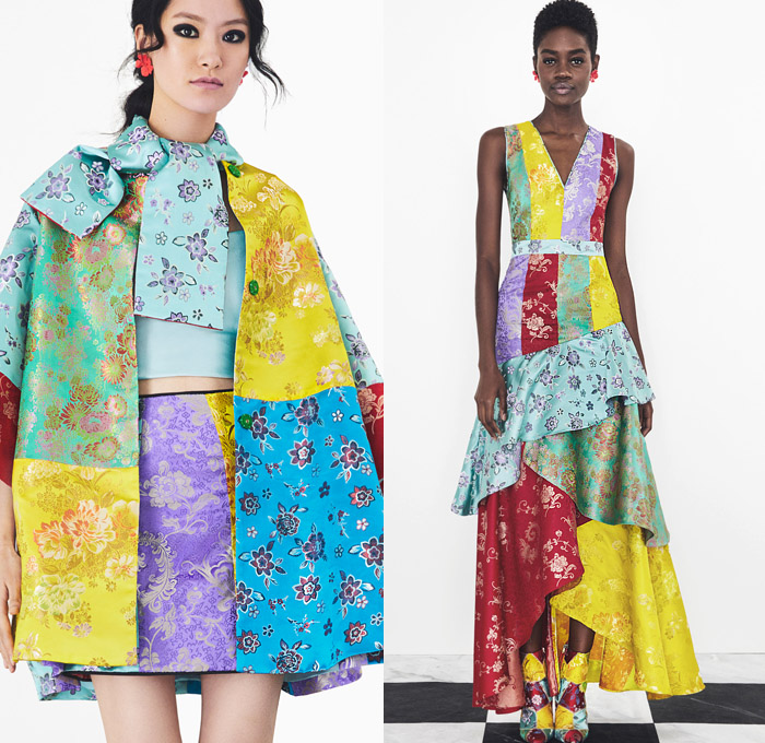 alice + olivia 2019 Spring Summer Womens Lookbook Presentation - New York Fashion Week NYFW - Mix Multiple Mash Up Flowers Florals Lace Embroidery Bedazzled Beads Sequins Geometric Ethnic Satin Coat Miniskirt Dress Gown Ruffles Bomber Jacket Wide Leg Palazzo Pants Stripes Loungewear Sheer Fringes Noodle Strap Handkerchief Hem Eiffel Tower Paris Illustration Hamsa Hand Eye Clutch Purse Bag