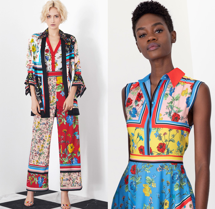 alice + olivia 2019 Spring Summer Womens Lookbook Presentation - New York Fashion Week NYFW - Mix Multiple Mash Up Flowers Florals Lace Embroidery Bedazzled Beads Sequins Geometric Ethnic Satin Coat Miniskirt Dress Gown Ruffles Bomber Jacket Wide Leg Palazzo Pants Stripes Loungewear Sheer Fringes Noodle Strap Handkerchief Hem Eiffel Tower Paris Illustration Hamsa Hand Eye Clutch Purse Bag