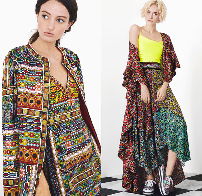 alice + olivia 2019 Spring Summer Womens Lookbook Presentation - New York Fashion Week NYFW - Mix Multiple Mash Up Flowers Florals Lace Embroidery Bedazzled Beads Sequins Geometric Ethnic Satin Coat Miniskirt Dress Gown Ruffles Bomber Jacket Wide Leg Palazzo Pants Stripes Loungewear Sheer Fringes Noodle Strap Handkerchief Hem Eiffel Tower Paris Illustration Hamsa Hand Eye Clutch Purse Bag