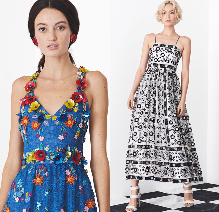 alice + olivia 2019 Spring Summer Womens Lookbook Presentation - New York Fashion Week NYFW - Mix Multiple Mash Up Flowers Florals Lace Embroidery Bedazzled Beads Sequins Geometric Ethnic Satin Coat Miniskirt Dress Gown Ruffles Bomber Jacket Wide Leg Palazzo Pants Stripes Loungewear Sheer Fringes Noodle Strap Handkerchief Hem Eiffel Tower Paris Illustration Hamsa Hand Eye Clutch Purse Bag