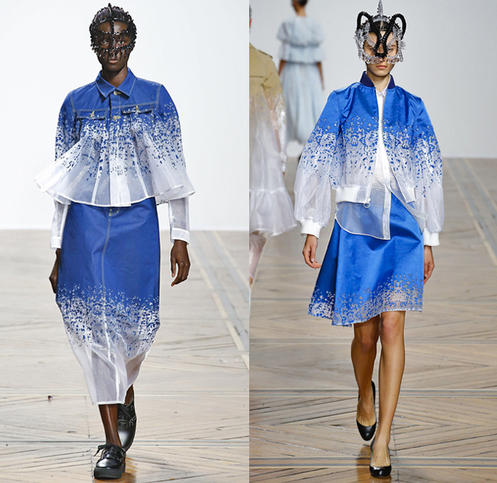 ANREALAGE 2019 Spring Summer Womens Runway Catwalk Looks Collection Kunihiko Morinaga - Mode à Paris Fashion Week France - Clear Futuristic Technical Fabrics UV Ultraviolet Light Photochromic Crystals Glass Plastic Bedazzled Embroidery Adorned Sequins Paillettes Spikes Geometric Stars Floral Flowers Ornaments Buttons Prismatic Gemstones Jewels Sheer Headwear Jeans Bomber Jacket Military Hybrid Deconstructed Trench Coat Dress Tiered Ruffles Turtleneck Knit Crochet Bangles Sneakers