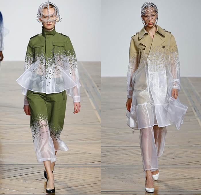 ANREALAGE 2019 Spring Summer Womens Runway Catwalk Looks Collection Kunihiko Morinaga - Mode à Paris Fashion Week France - Clear Futuristic Technical Fabrics UV Ultraviolet Light Photochromic Crystals Glass Plastic Bedazzled Embroidery Adorned Sequins Paillettes Spikes Geometric Stars Floral Flowers Ornaments Buttons Prismatic Gemstones Jewels Sheer Headwear Jeans Bomber Jacket Military Hybrid Deconstructed Trench Coat Dress Tiered Ruffles Turtleneck Knit Crochet Bangles Sneakers