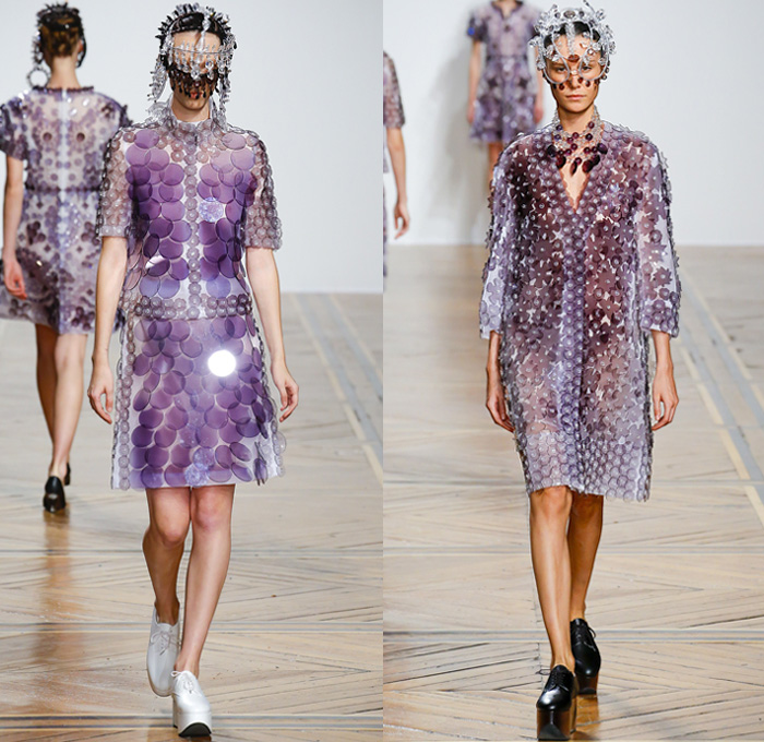 ANREALAGE 2019 Spring Summer Womens Runway Catwalk Looks Collection Kunihiko Morinaga - Mode à Paris Fashion Week France - Clear Futuristic Technical Fabrics UV Ultraviolet Light Photochromic Crystals Glass Plastic Bedazzled Embroidery Adorned Sequins Paillettes Spikes Geometric Stars Floral Flowers Ornaments Buttons Prismatic Gemstones Jewels Sheer Headwear Jeans Bomber Jacket Military Hybrid Deconstructed Trench Coat Dress Tiered Ruffles Turtleneck Knit Crochet Bangles Sneakers