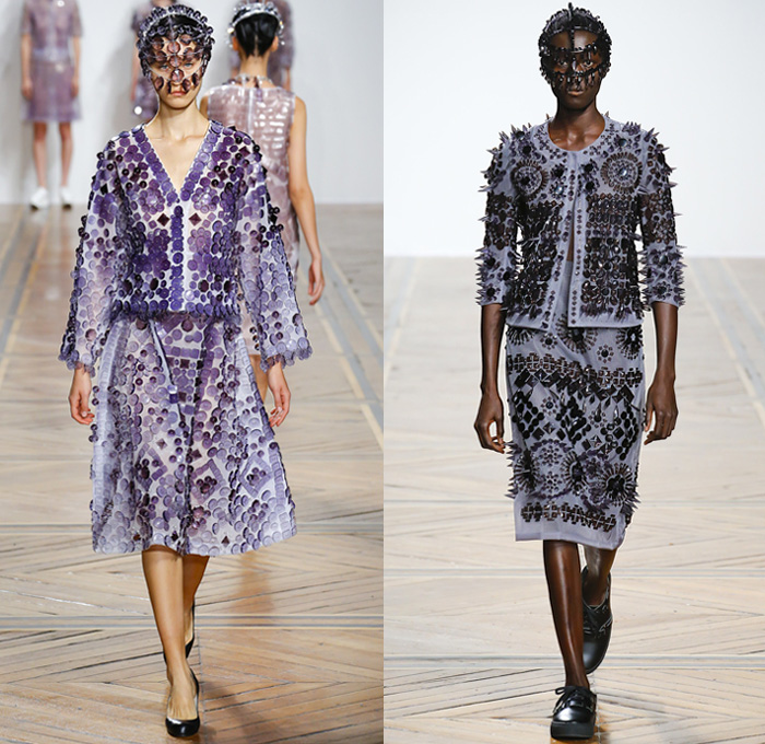 ANREALAGE 2019 Spring Summer Womens Runway Catwalk Looks Collection Kunihiko Morinaga - Mode à Paris Fashion Week France - Clear Futuristic Technical Fabrics UV Ultraviolet Light Photochromic Crystals Glass Plastic Bedazzled Embroidery Adorned Sequins Paillettes Spikes Geometric Stars Floral Flowers Ornaments Buttons Prismatic Gemstones Jewels Sheer Headwear Jeans Bomber Jacket Military Hybrid Deconstructed Trench Coat Dress Tiered Ruffles Turtleneck Knit Crochet Bangles Sneakers