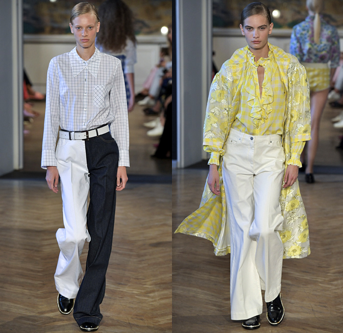 Baum und Pferdgarten 2019 Spring Summer Womens Runway Catwalk Looks - Copenhagen Fashion Week Denmark CPHFW København - Prince Of Wales Plaid Picnic Check Flowers Floral Ruffles Stripes Drawstring Silk Satin Accordion Pleats Trench Coat Pantsuit Knit Sweater Crop Top Midriff Halterneck Noodle Strap Peplum Long Sleeve Blouse Shirtdress Pinafore Dress Denim Jeans Flare Half Split Hotpants Miniskirt Tote Handbag Briefcase Oxfords