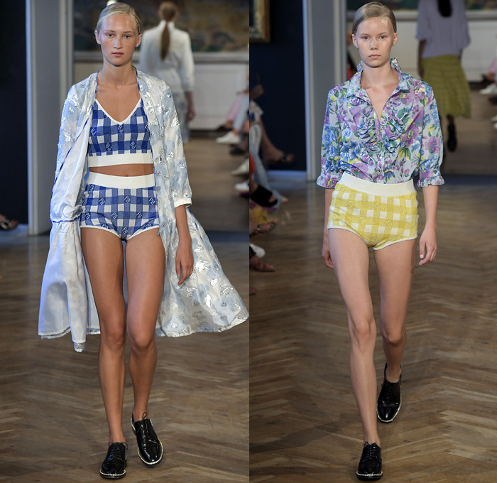 Baum und Pferdgarten 2019 Spring Summer Womens Runway Catwalk Looks - Copenhagen Fashion Week Denmark CPHFW København - Prince Of Wales Plaid Picnic Check Flowers Floral Ruffles Stripes Drawstring Silk Satin Accordion Pleats Trench Coat Pantsuit Knit Sweater Crop Top Midriff Halterneck Noodle Strap Peplum Long Sleeve Blouse Shirtdress Pinafore Dress Denim Jeans Flare Half Split Hotpants Miniskirt Tote Handbag Briefcase Oxfords