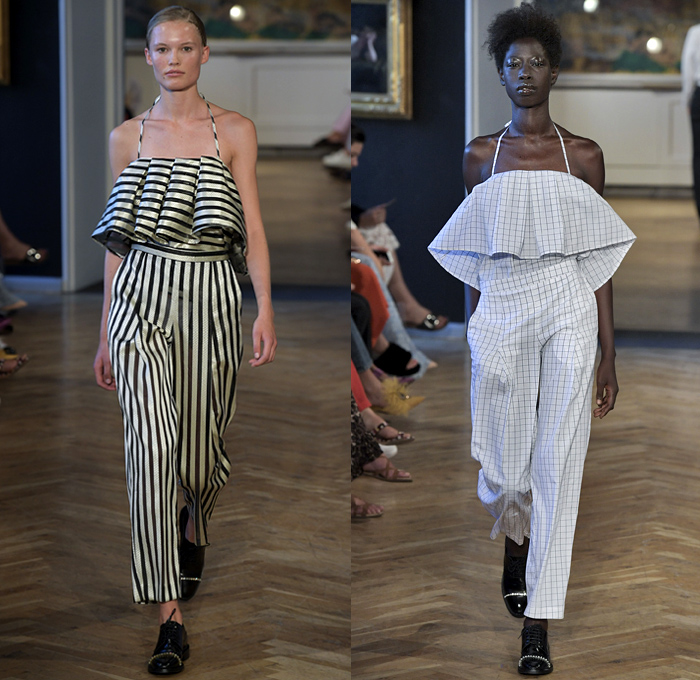 Baum und Pferdgarten 2019 Spring Summer Womens Runway Catwalk Looks - Copenhagen Fashion Week Denmark CPHFW København - Prince Of Wales Plaid Picnic Check Flowers Floral Ruffles Stripes Drawstring Silk Satin Accordion Pleats Trench Coat Pantsuit Knit Sweater Crop Top Midriff Halterneck Noodle Strap Peplum Long Sleeve Blouse Shirtdress Pinafore Dress Denim Jeans Flare Half Split Hotpants Miniskirt Tote Handbag Briefcase Oxfords