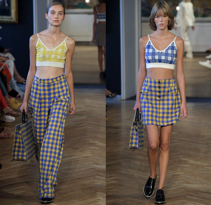 Baum und Pferdgarten 2019 Spring Summer Womens Runway Catwalk Looks - Copenhagen Fashion Week Denmark CPHFW København - Prince Of Wales Plaid Picnic Check Flowers Floral Ruffles Stripes Drawstring Silk Satin Accordion Pleats Trench Coat Pantsuit Knit Sweater Crop Top Midriff Halterneck Noodle Strap Peplum Long Sleeve Blouse Shirtdress Pinafore Dress Denim Jeans Flare Half Split Hotpants Miniskirt Tote Handbag Briefcase Oxfords