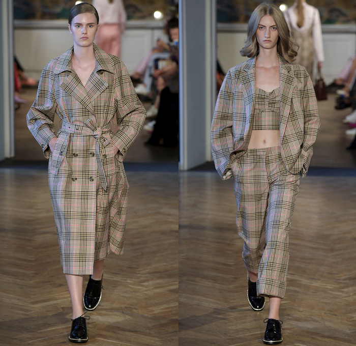 Baum und Pferdgarten 2019 Spring Summer Womens Runway Catwalk Looks - Copenhagen Fashion Week Denmark CPHFW København - Prince Of Wales Plaid Picnic Check Flowers Floral Ruffles Stripes Drawstring Silk Satin Accordion Pleats Trench Coat Pantsuit Knit Sweater Crop Top Midriff Halterneck Noodle Strap Peplum Long Sleeve Blouse Shirtdress Pinafore Dress Denim Jeans Flare Half Split Hotpants Miniskirt Tote Handbag Briefcase Oxfords