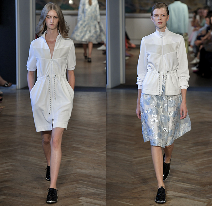 Baum und Pferdgarten 2019 Spring Summer Womens Runway Catwalk Looks - Copenhagen Fashion Week Denmark CPHFW København - Prince Of Wales Plaid Picnic Check Flowers Floral Ruffles Stripes Drawstring Silk Satin Accordion Pleats Trench Coat Pantsuit Knit Sweater Crop Top Midriff Halterneck Noodle Strap Peplum Long Sleeve Blouse Shirtdress Pinafore Dress Denim Jeans Flare Half Split Hotpants Miniskirt Tote Handbag Briefcase Oxfords