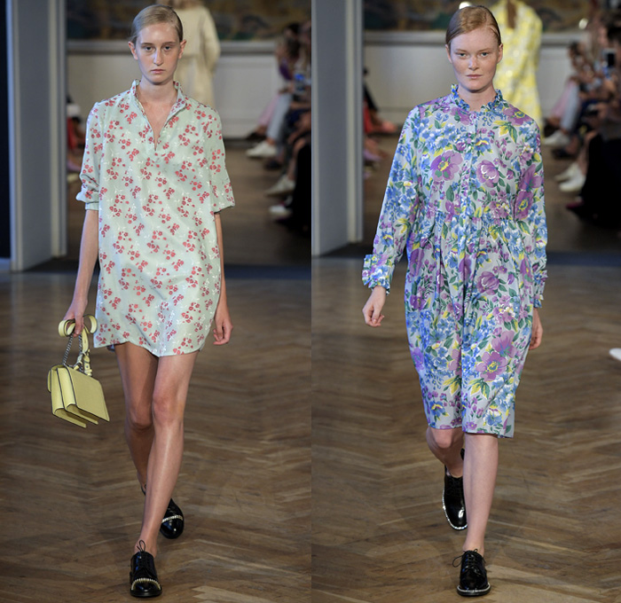 Baum und Pferdgarten 2019 Spring Summer Womens Runway Catwalk Looks - Copenhagen Fashion Week Denmark CPHFW København - Prince Of Wales Plaid Picnic Check Flowers Floral Ruffles Stripes Drawstring Silk Satin Accordion Pleats Trench Coat Pantsuit Knit Sweater Crop Top Midriff Halterneck Noodle Strap Peplum Long Sleeve Blouse Shirtdress Pinafore Dress Denim Jeans Flare Half Split Hotpants Miniskirt Tote Handbag Briefcase Oxfords