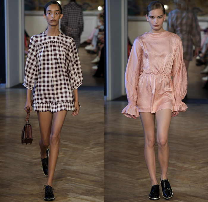 Baum und Pferdgarten 2019 Spring Summer Womens Runway Catwalk Looks - Copenhagen Fashion Week Denmark CPHFW København - Prince Of Wales Plaid Picnic Check Flowers Floral Ruffles Stripes Drawstring Silk Satin Accordion Pleats Trench Coat Pantsuit Knit Sweater Crop Top Midriff Halterneck Noodle Strap Peplum Long Sleeve Blouse Shirtdress Pinafore Dress Denim Jeans Flare Half Split Hotpants Miniskirt Tote Handbag Briefcase Oxfords