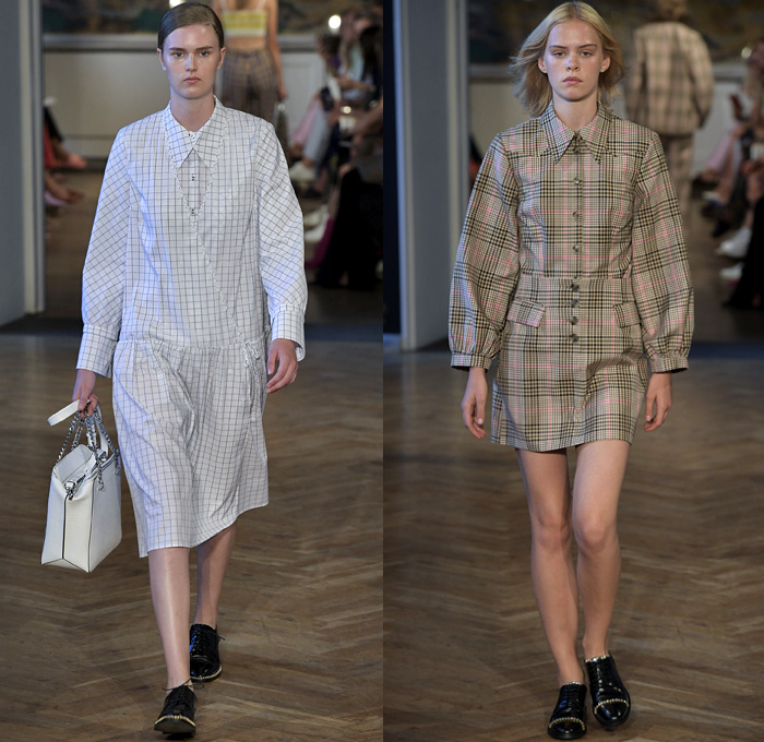 Baum und Pferdgarten 2019 Spring Summer Womens Runway Catwalk Looks - Copenhagen Fashion Week Denmark CPHFW København - Prince Of Wales Plaid Picnic Check Flowers Floral Ruffles Stripes Drawstring Silk Satin Accordion Pleats Trench Coat Pantsuit Knit Sweater Crop Top Midriff Halterneck Noodle Strap Peplum Long Sleeve Blouse Shirtdress Pinafore Dress Denim Jeans Flare Half Split Hotpants Miniskirt Tote Handbag Briefcase Oxfords