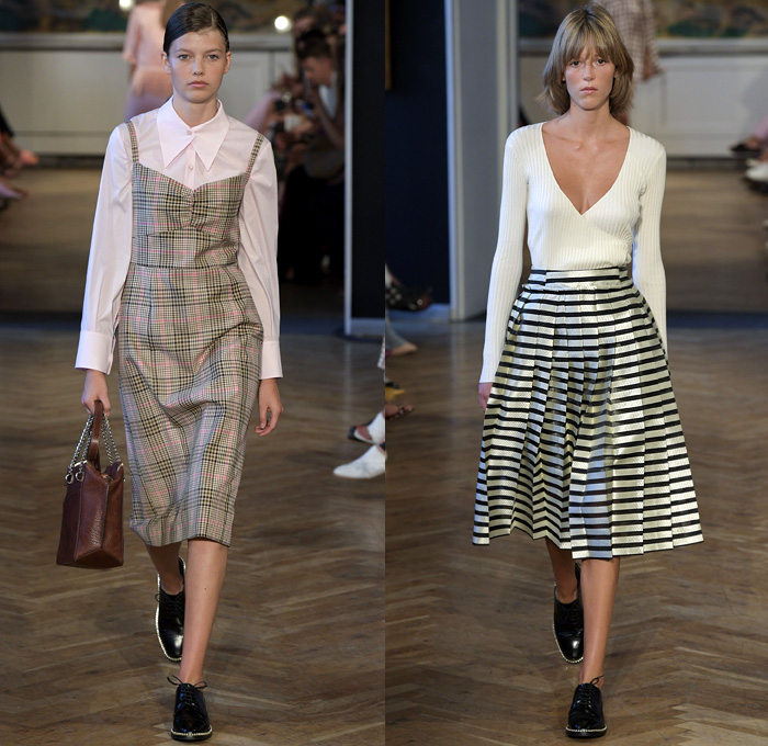 Baum und Pferdgarten 2019 Spring Summer Womens Runway Catwalk Looks - Copenhagen Fashion Week Denmark CPHFW København - Prince Of Wales Plaid Picnic Check Flowers Floral Ruffles Stripes Drawstring Silk Satin Accordion Pleats Trench Coat Pantsuit Knit Sweater Crop Top Midriff Halterneck Noodle Strap Peplum Long Sleeve Blouse Shirtdress Pinafore Dress Denim Jeans Flare Half Split Hotpants Miniskirt Tote Handbag Briefcase Oxfords